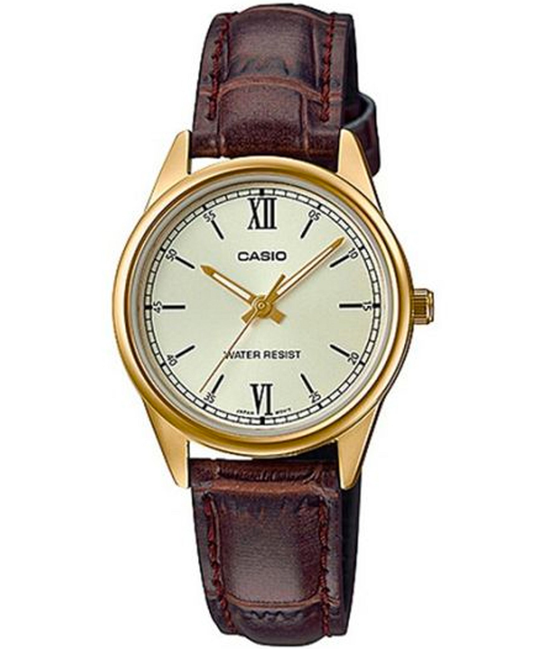 Casio, Women’s Watch Analog, Champagne Dial Black Leather Band, LTP-V005GL-9BUDF