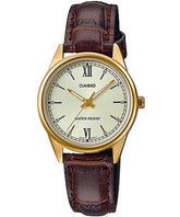 Casio, Women’s Watch Analog, Champagne Dial Black Leather Band, LTP-V005GL-9BUDF