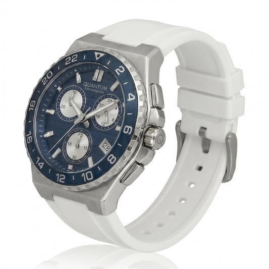 Quantum Men's Chronograph Watch Dark Blue Dial White Silicone Band, PWG1147.393