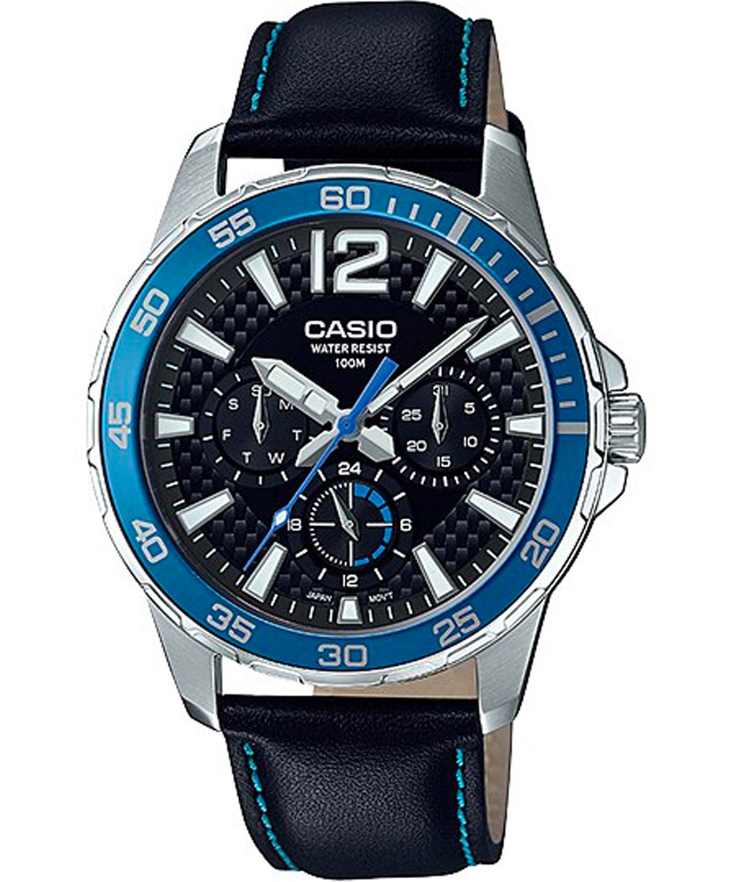 Casio, Men’s Watch Analog, Blue Dial Black Leather Band, MTD-330L-1A2VDF,