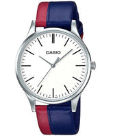 Casio, Unisex Watch Analog, White Dial Red & Blue Leather Band, MTP-E133L-2EDF