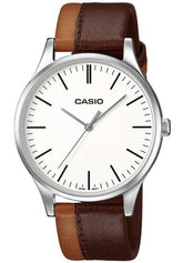Casio, Unisex Watch Analog, White Dial Brown & Beige Leather Band, MTP-E133L-5EDF