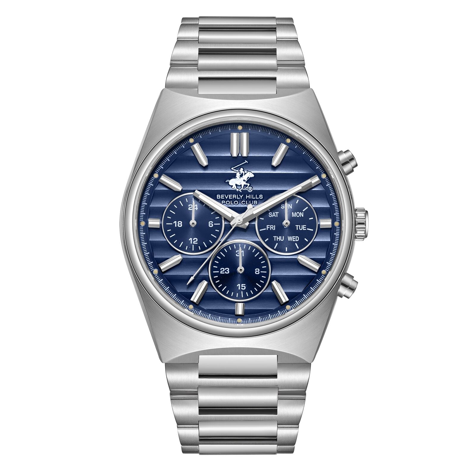 Beverly Hills Polo Club Men's Watch Analog Blue Dial with Silver Stainless Steel Band, BP3744X.390