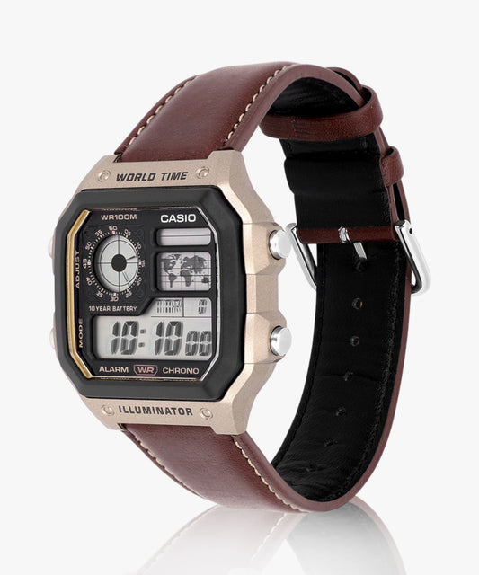Casio Men's Watch Analog Digital Dial with Brown Leather Strap, AE-1200WHL-5AVDF product image