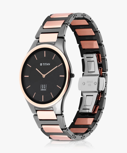 Titan Edge Ceramic Midnight Gold Black Dial Analog Watch for Men, 1696KC01