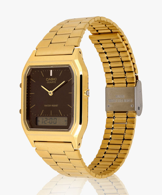 Casio Vintage Unisex Watch Analog-Digital Brown Dial with Gold Stainless Steel Band, AQ-230GA-5AMQYDF