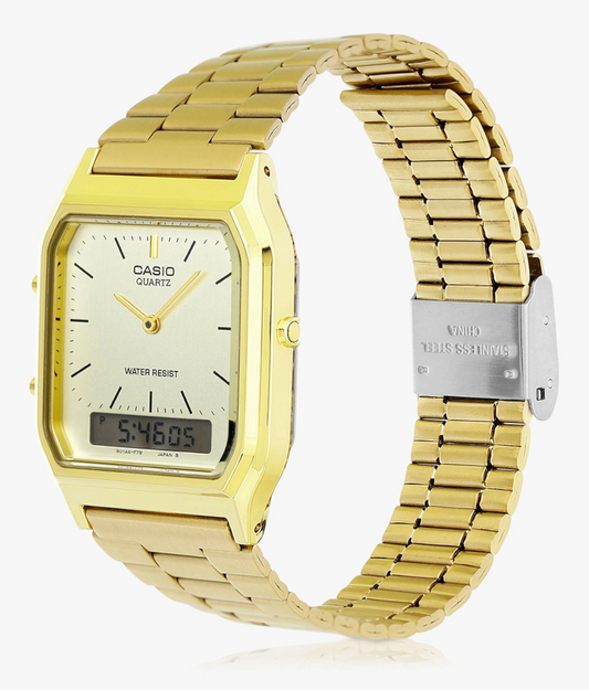 Casio Men's Watch Analog & Digital Combo, Gold Dial Gold Stainless Steel Strap, AQ-230GA-9DMQD