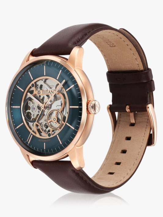 Titan Men's Automatic Watch Analog Green Dial With Brown Leather Strap, 90110WL04
