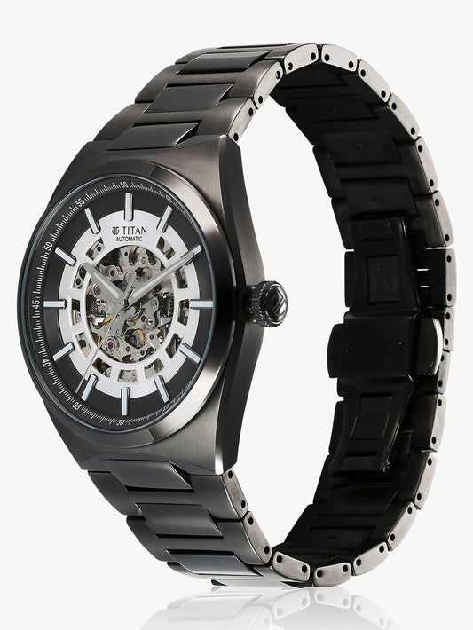Titan Skeletal Men's Automatic Analog with Gun Dial with Grey Stainless Steel Strap Watch 90221QM02