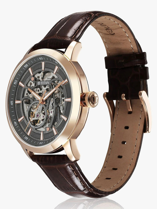 Titan Phoenix Skeletal Men's Automatic Analog with Gun Dial Brown Leather Strap Watch 90223WL01