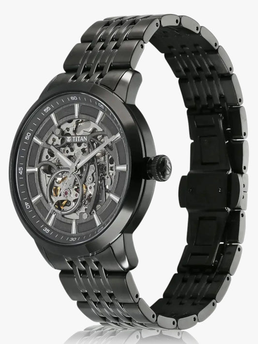 Titan Phoenix Skeletal Men's Automatic Watch Black Dial With Black Tone Stainless Steel Band, 90223NM01