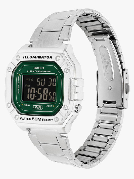 Casio Men's Digital Watch Green Dial with Silver Stainless Steel Band, W-218HD-3AVDF