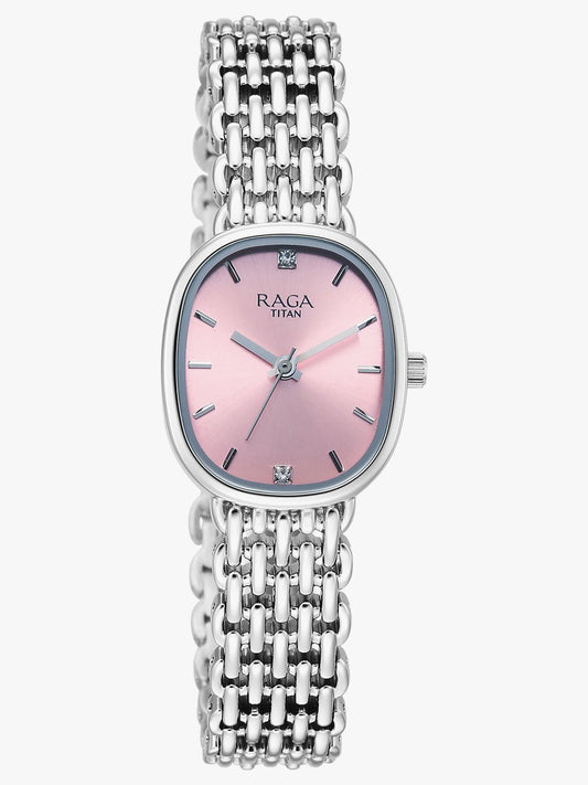 Titan Raga Spotlight Women's Quartz Analog Watch, Pink Dial, Silver Metal Strap, TI-95430SM01