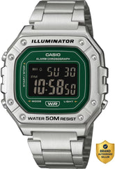 Casio Men's Digital Watch Green Dial with Silver Stainless Steel Band, W-218HD-3AVDF