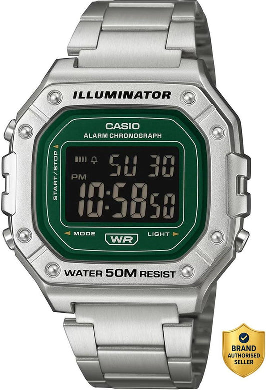 Casio Men's Digital Watch Green Dial with Silver Stainless Steel Band, W-218HD-3AVDF