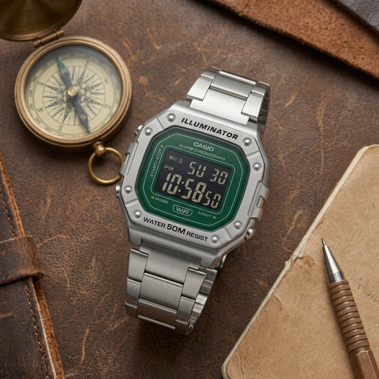 Casio Men's Digital Watch Green Dial with Silver Stainless Steel Band, W-218HD-3AVDF