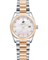 Beverly Hills Polo Club Women's Date Analog Watch with White Mother of Pearl Dial and Silver and Rose Gold Stainless Steel Band, BP3801X.520