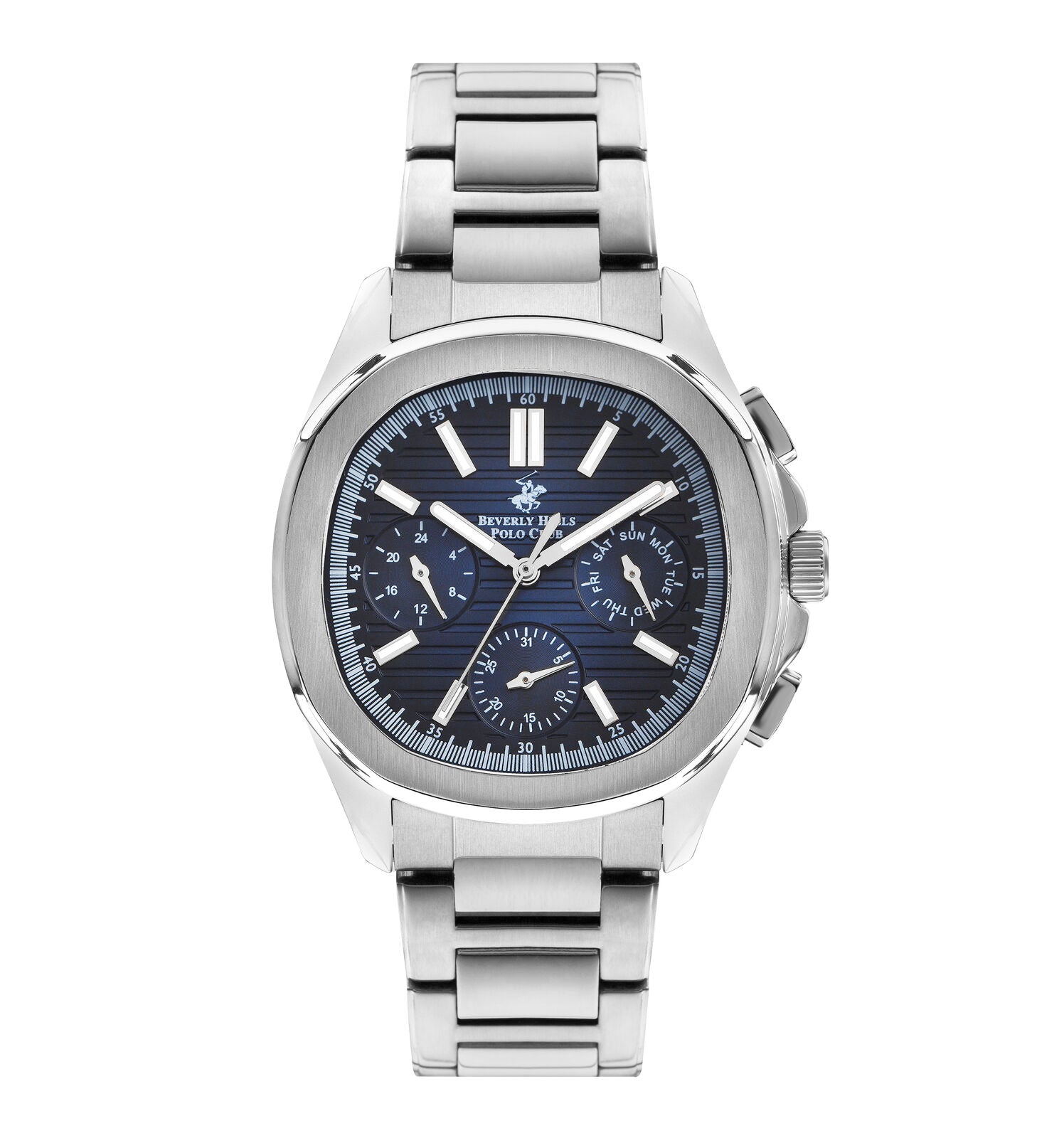 Beverly Hills Polo Club Men's Watch Analog Blue Dial with Silver Stainless Steel Band, BP3212X.390