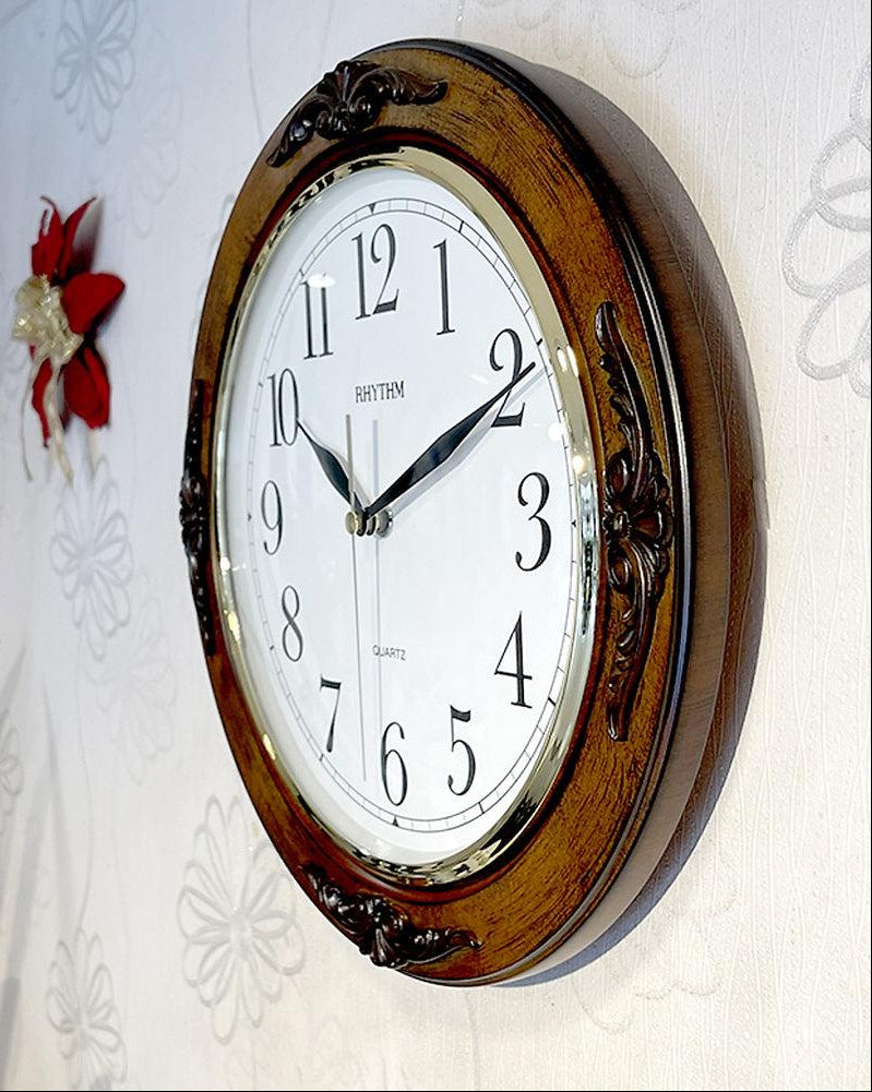 Rhythm Classic Wooden Wall Clock | Convex Glass, Silent Silky Move | Brown, CMG938NR06 Rhythm Wall Clock CMG938NR06
