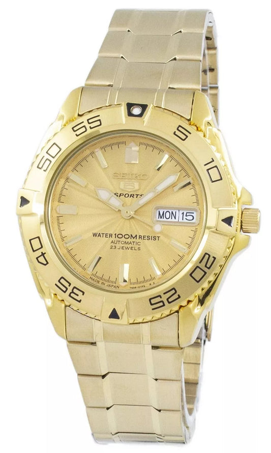 Seiko 5 Sports 23 Jewels Men's Automatic Watch Analog Gold Dial with Gold Stainless Steel Band, SNZB26J authentic Seiko watch with original box and warranty papers