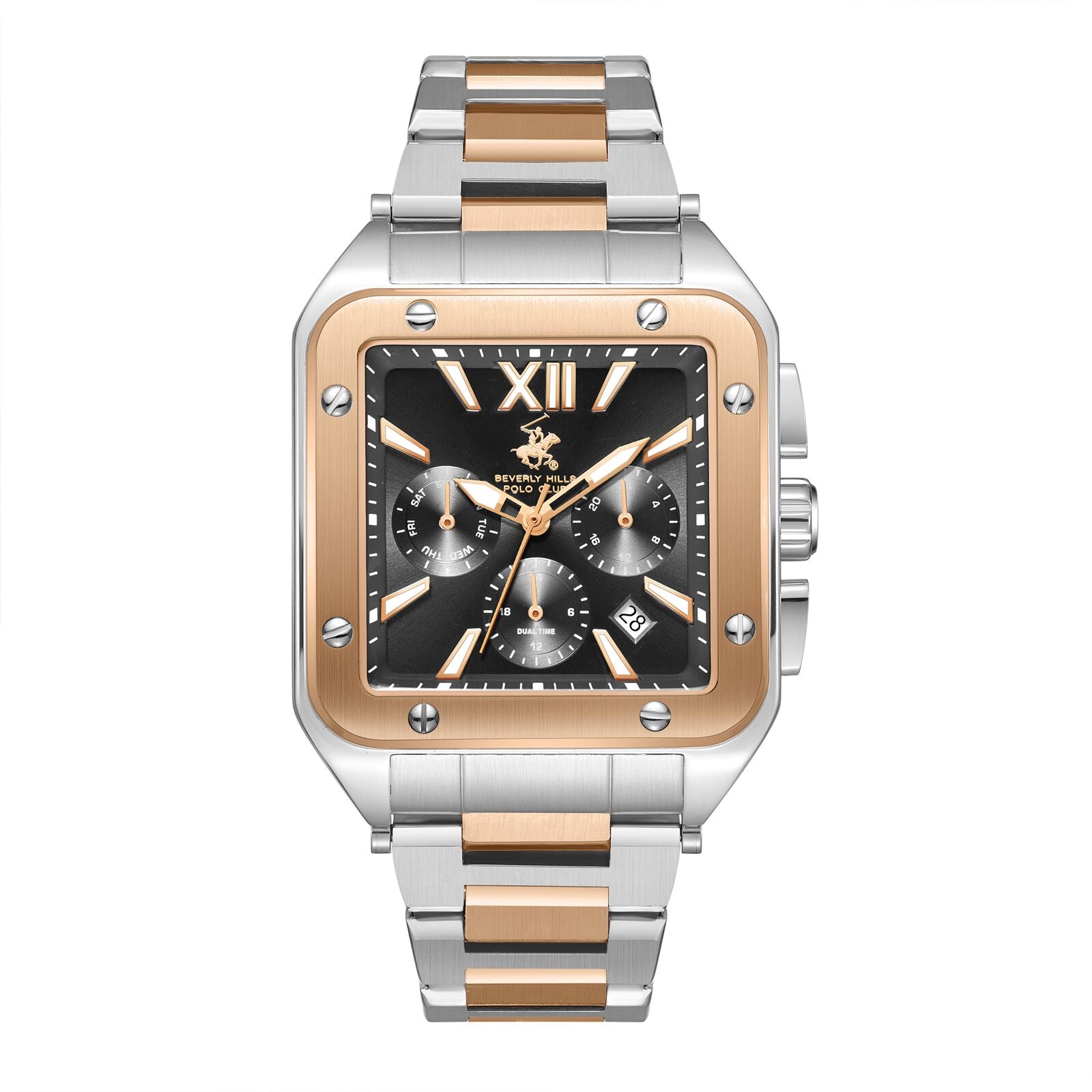 Beverly Hills Polo Club Men's Watch Analog Black Dial Silver/Rose Gold Stainless Steel Band, BP3685X.550