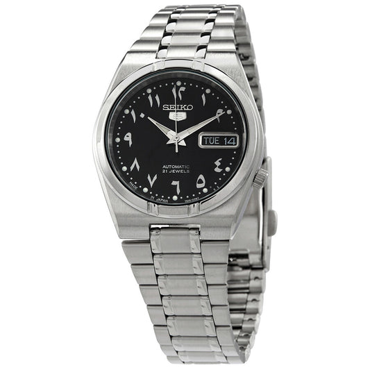 Seiko 21 Jewels Arabic Dial Men's Watch Analog Black Dial with Silver Stainless Steel Band, SNK063J5 authentic Seiko watch with original box and warranty papers