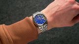 Seiko 21 Jewels Men's Automatic Watch Analog Blue Dial with Silver Stainless Steel Band, SNK371K