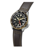 Seiko 5 Sports Men's Automatic GMT Watch Analog Black Dial with Brown Leather Strap, SSK036K
