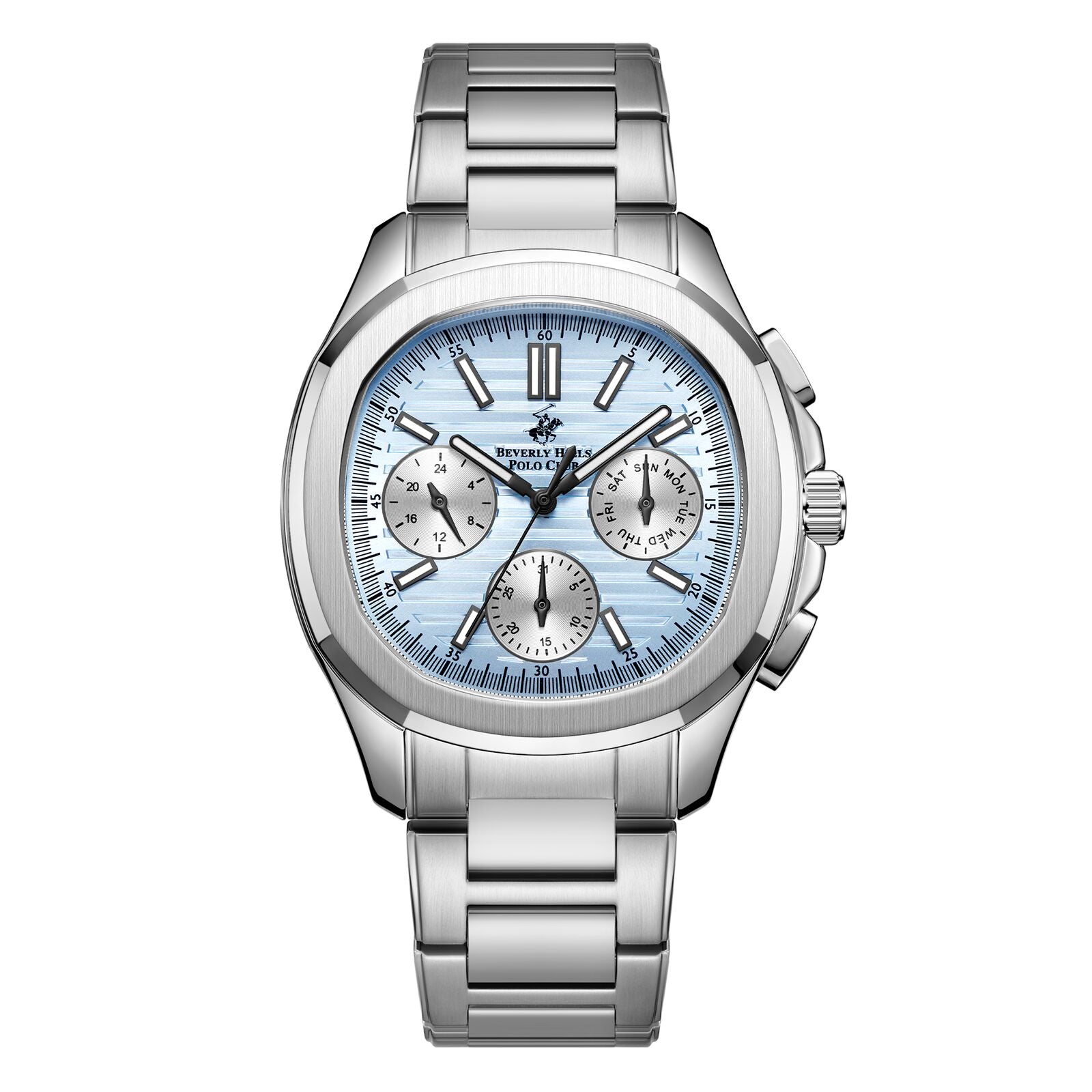 Beverly Hills Polo Club Men's Watch Analog Blue Dial with Silver Stainless Steel Band, BP3212X.300