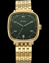 Titan Neo Curve Men's Quartz Analog Watch Green Dial with Gold Stainless Steel Strap, 1885YM02