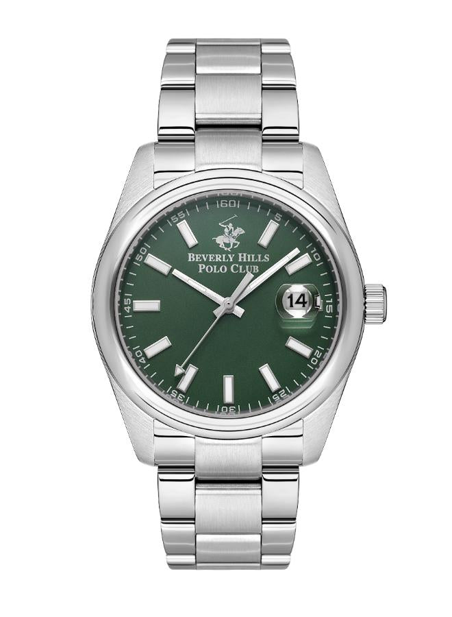 Beverly Hills Polo Club Men's Watch, Analog, Green Dial, Silver Stainless Steel Strap, BP3598X.370