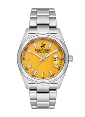 Beverly Hills Polo Club Men's Watch, Analog, Yellow Dial, Silver Stainless Steel Strap, BP3598X.301