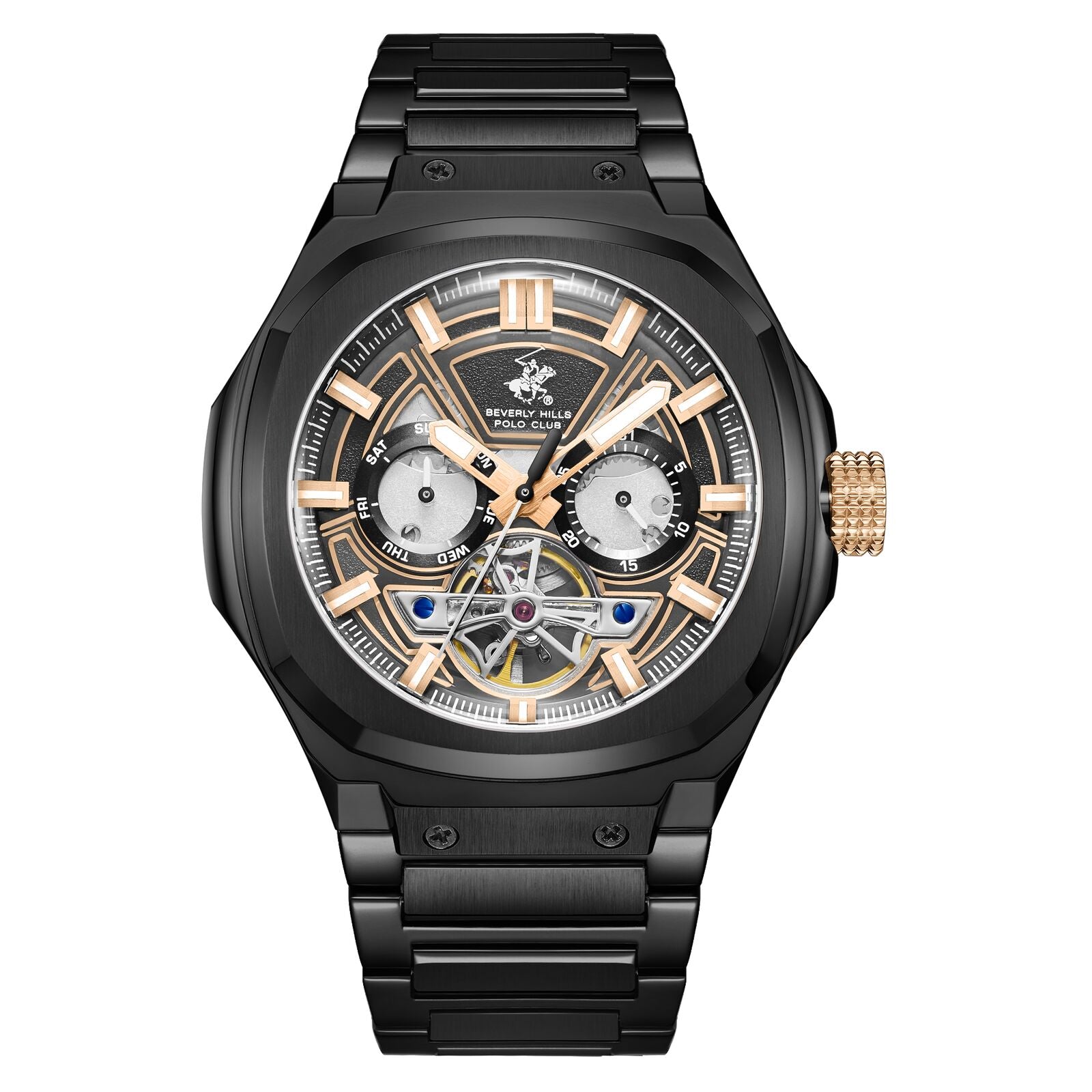 Beverly Hills Polo Club Men's Automatic Watch Analog Black Dial with Black Silver Stainless Steel Band, BP3749X.650
