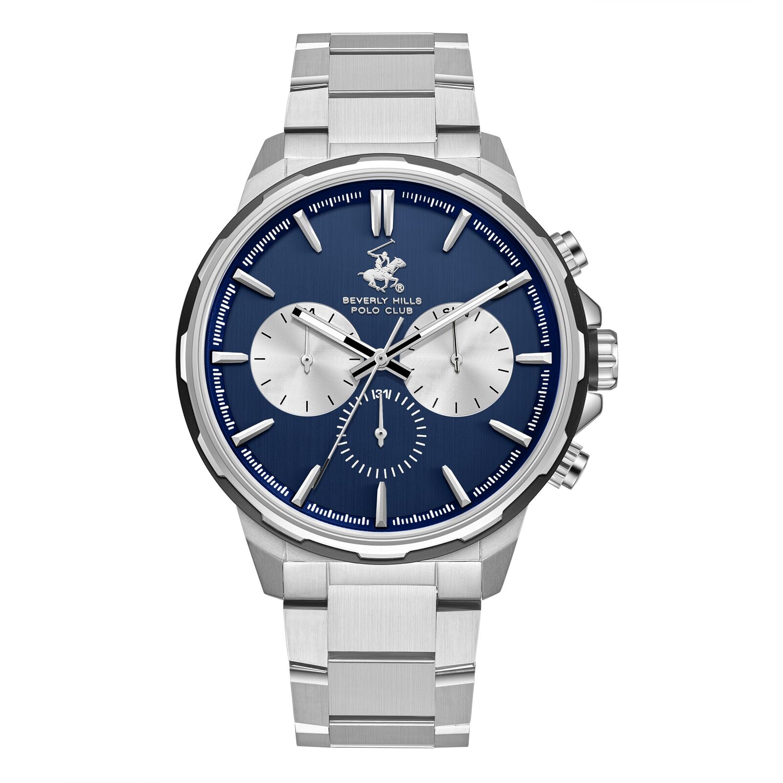 Beverly Hills Polo Club Men's Watch Analog Blue Dial with Silver Stainless Steel Band, BP3651X.390