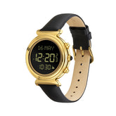 Alfajr Islamic Prayer Womens Watch Digital Black Dial With Black Leather Strap, WF-14LG