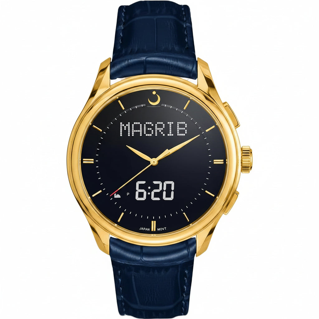 Alfajr Islamic Prayer Men's Analog-Digital Watch Black Dial With Blue Leather Strap, WW-22LS authentic Alfajr WW-22LS Islamic prayer product in Bahrain