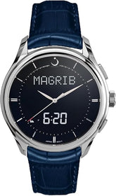 Alfajr Islamic Prayer Mens Watch Ana-Digital Black Dial With Blue Leather Strap, WW-22LS