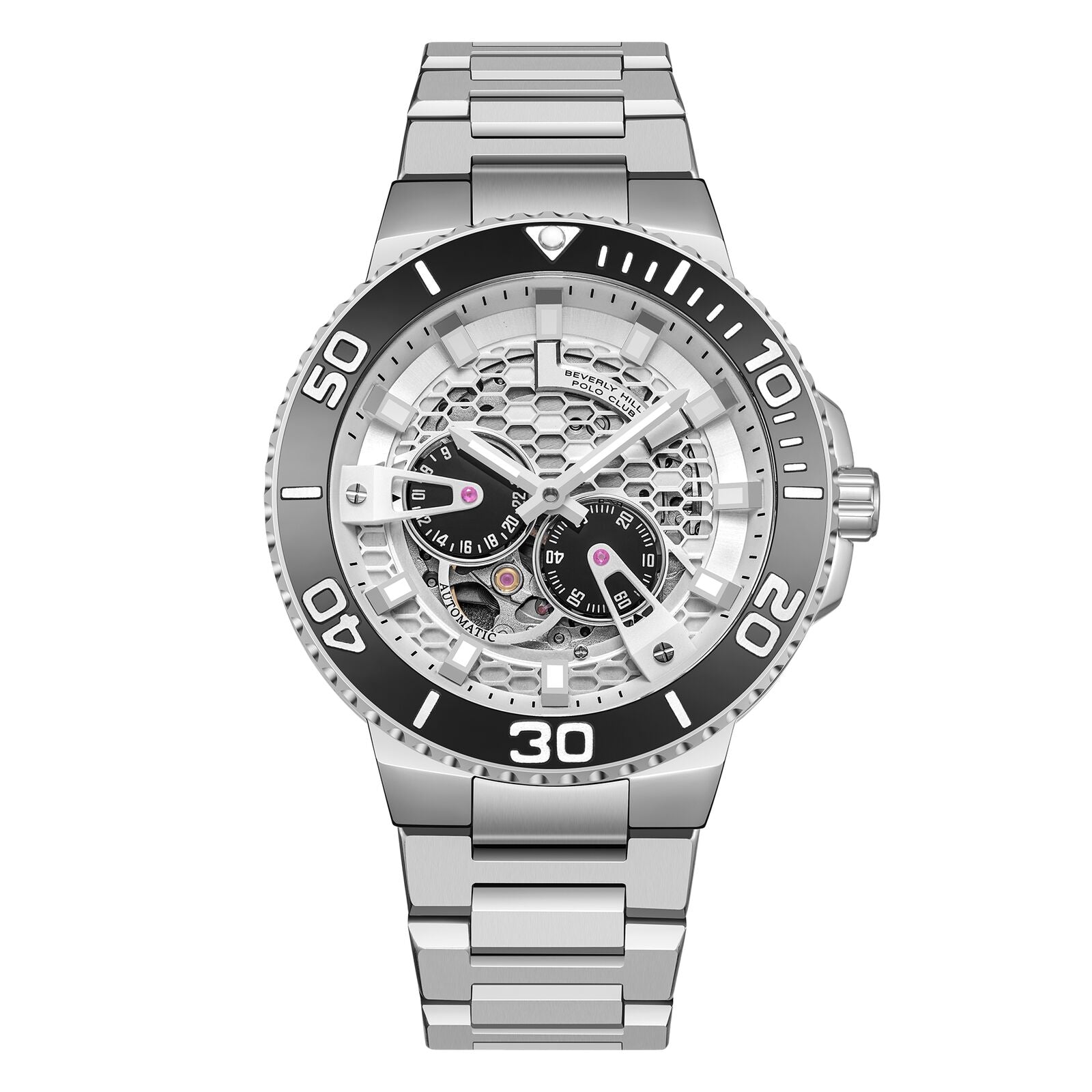 Beverly Hills Polo Club Men's Automatic Watch Analog Silver Dial with Silver Stainless Steel Band, BP3702X.330