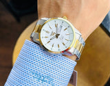 Seiko Men's Mechanical Watch Analog, White Dial Silver & Gold Stainless Band, SNKP14J