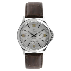 Titan 1698SL01, Men's Watch Classique Collection Analog, White Dial Brown Leather Strap