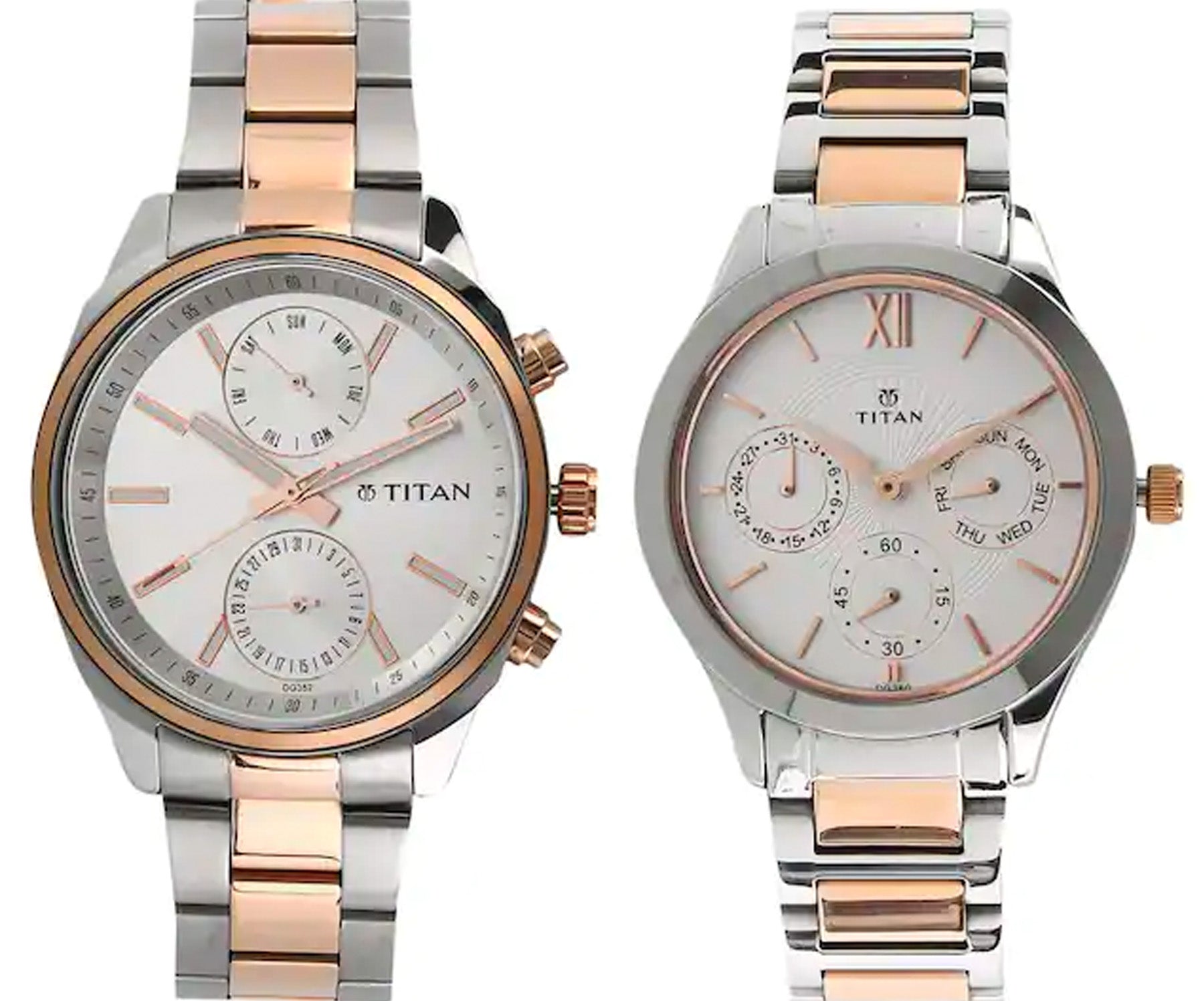 Titan Couple's Watch White Dial Two Toned Stainless Steel Strap Watch, 1733KM01P