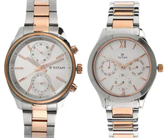 Titan Couple's Watch White Dial Two Toned Stainless Steel Strap Watch, 1733KM01P