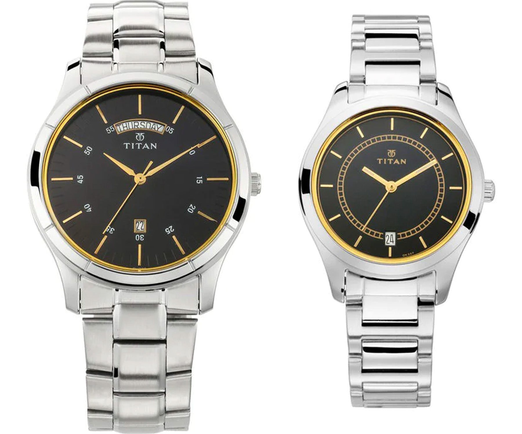 Titan Couple's Watch Classique Collection Analog, Black Dial Silver Stainless Strap, 1767SM01P
