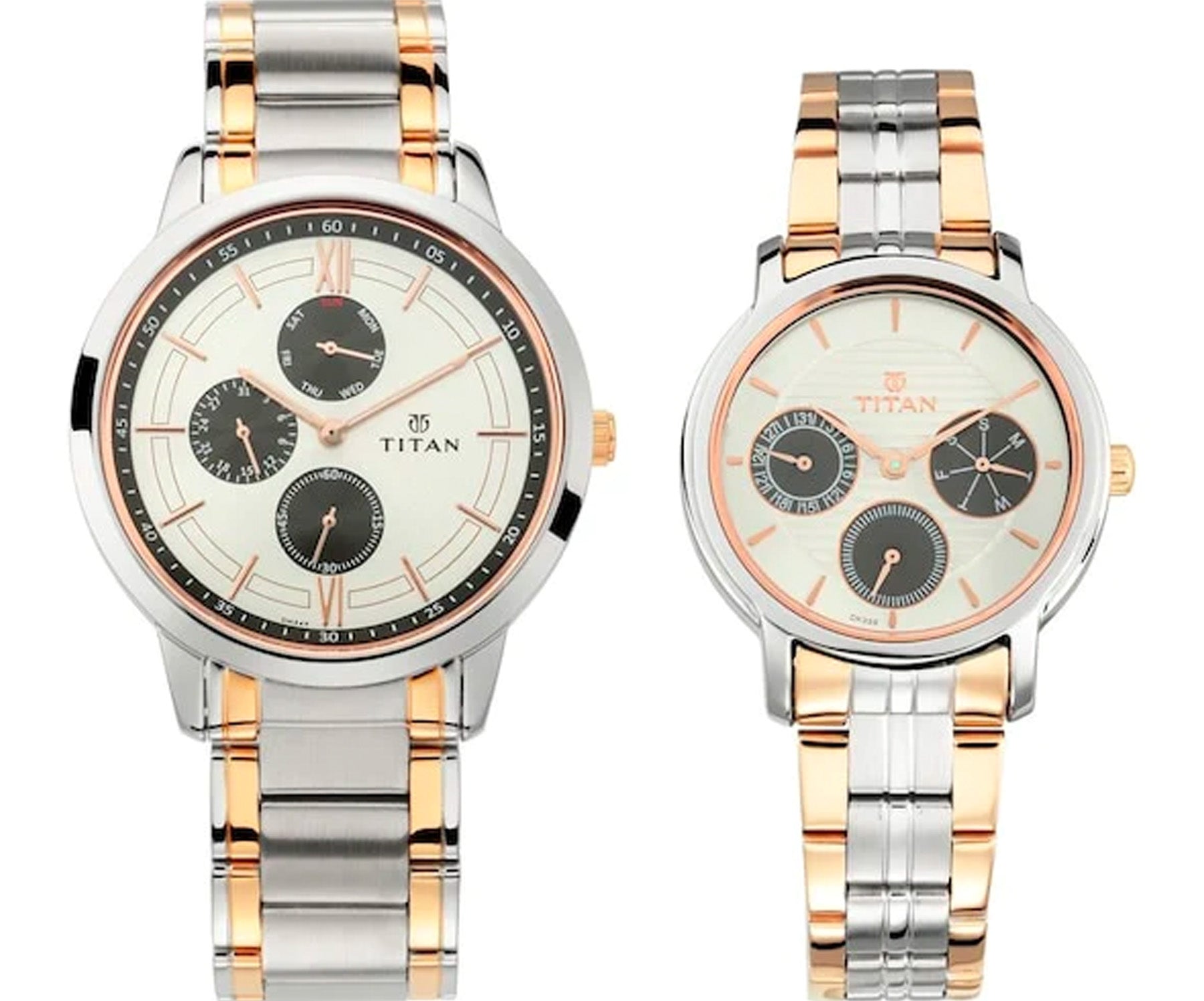 Titan Couple's Watch Classique Collection Analog, Silver Dial Silver & Gold Stainless Strap, 1769KM01P