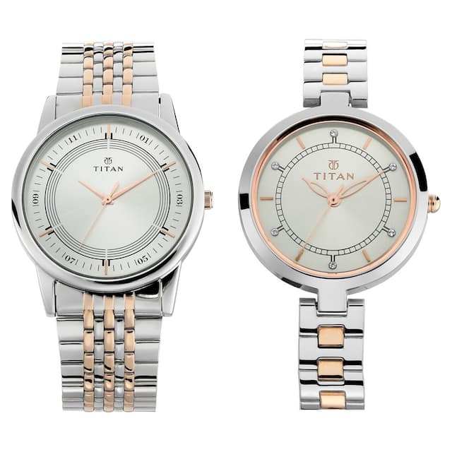 Titan Couple's Watch Classique Collection Analog, Silver & White Dial Silver Stainless Strap, 1773KM01P