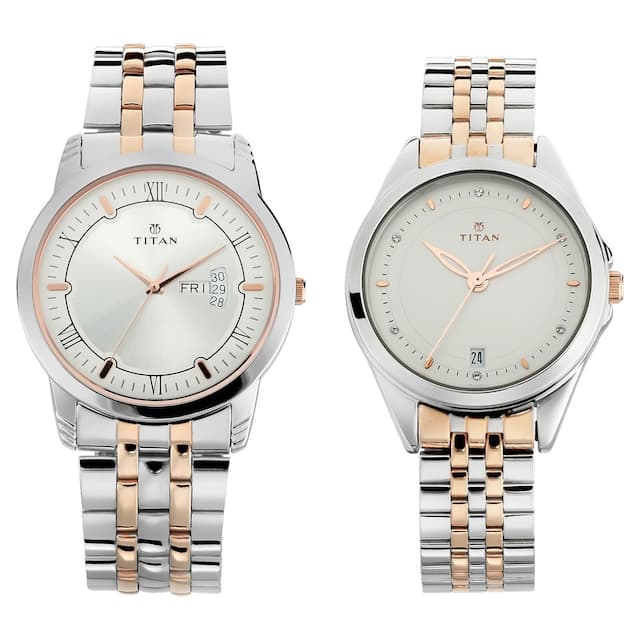 Titan Couple's Watch Classique Collection Analog, Silver Dial Silver & Gold Stainless Strap, 1774KM01P