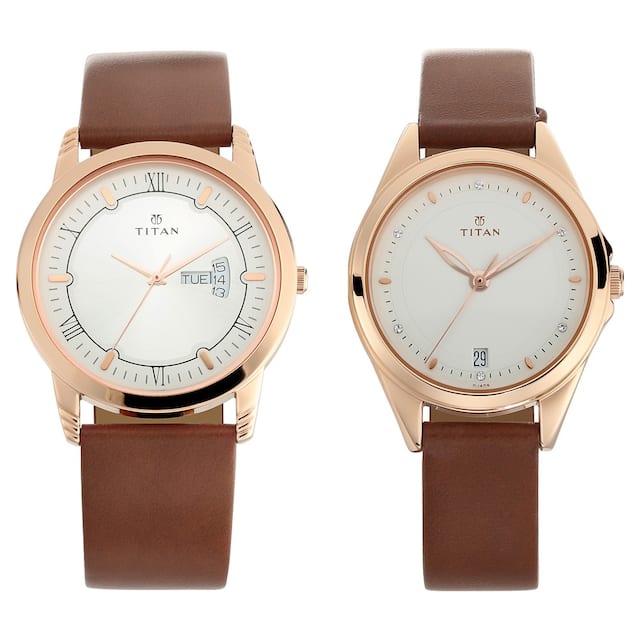 Titan Couples Watch  Quartz Analog with Day and Date, Silver Dial Leather Strap, 1774WL01P