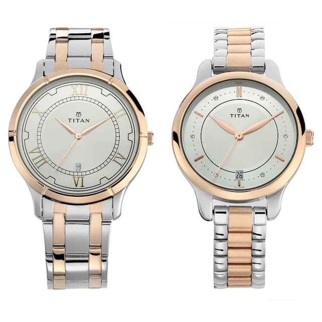 Titan Couple's Watch Classique Collection Analog, Silver Dial Silver & Gold Stainless Strap, 1775KM01P