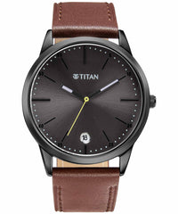 Titan  Men's Watch Black Dial Brown Leather Strap Watch, 1806QL01