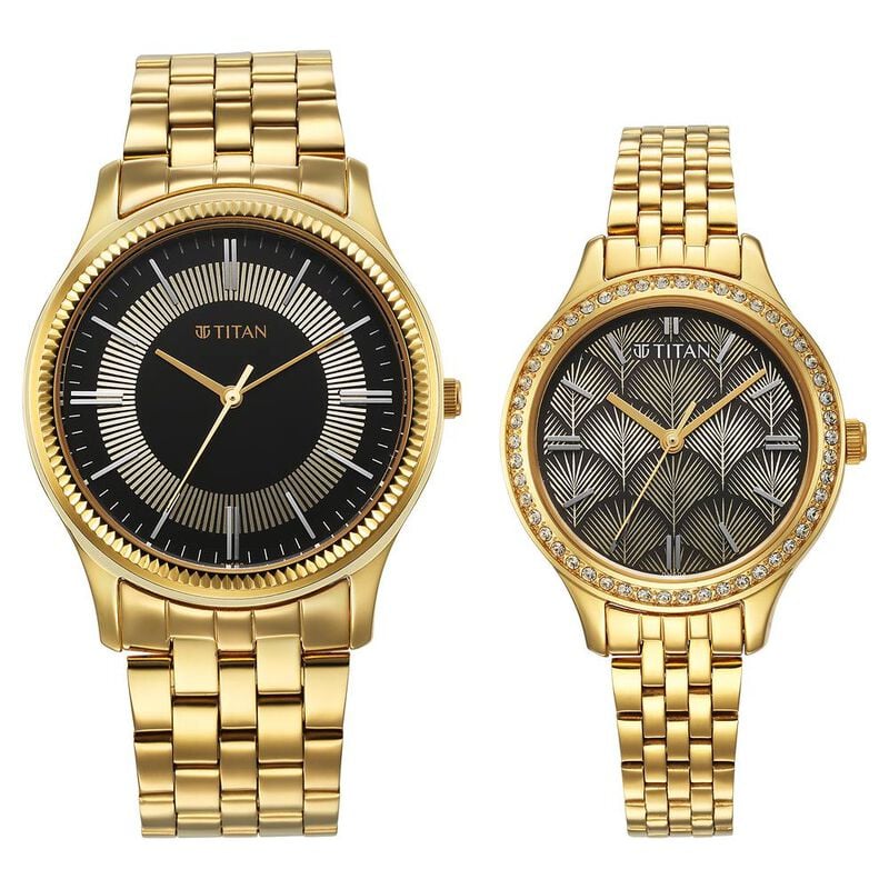 Titan Couples Watch Karishma Bandhan, Black Dial Gold Stainless Steel Strap, 1824YM02P